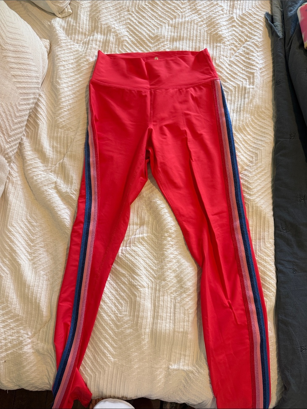 Spiritual Gangster Red Womens' Leggings with Blue and Pink Side Stripes